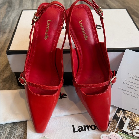 Larroudé Ines Red Leather Ankle Strap Pumps 6.5 NWT - Picture 13 of 16